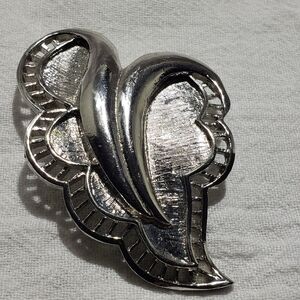 Vintage Coro Silvertone Angel Wings Brushed Metal and Filigree Border Pendant